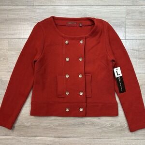 NWT 525 America 100% Merino Wool Red Blazer Gold Button Up Jacket Women L Fitted